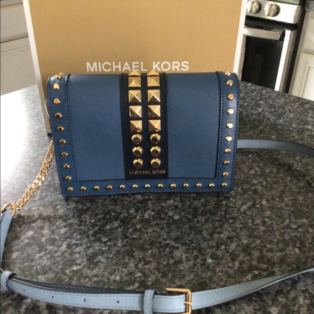 Michael Kors flap gold studded crossbody chain bag blue